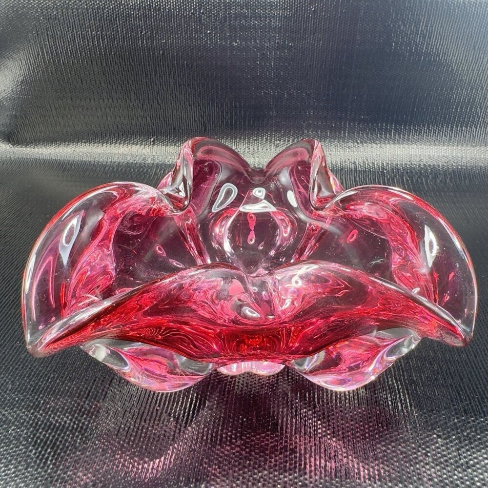 Hand Blown Bohemian Cranberry Art‎ Glass Dish Bowl Folded Edges Original Sticker
